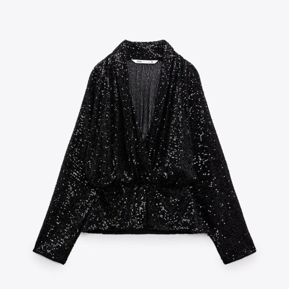 NWT Zara Draped Black Sequin Blouse - Picture 3 of 13